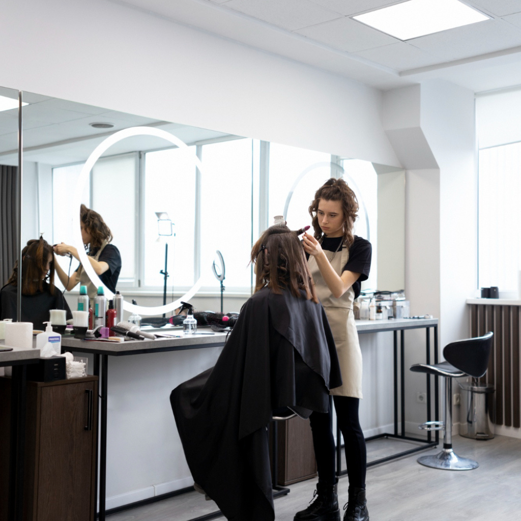 Salon interior design Karachi by Skill Studio 27 showcasing modern styling stations and elegant decor